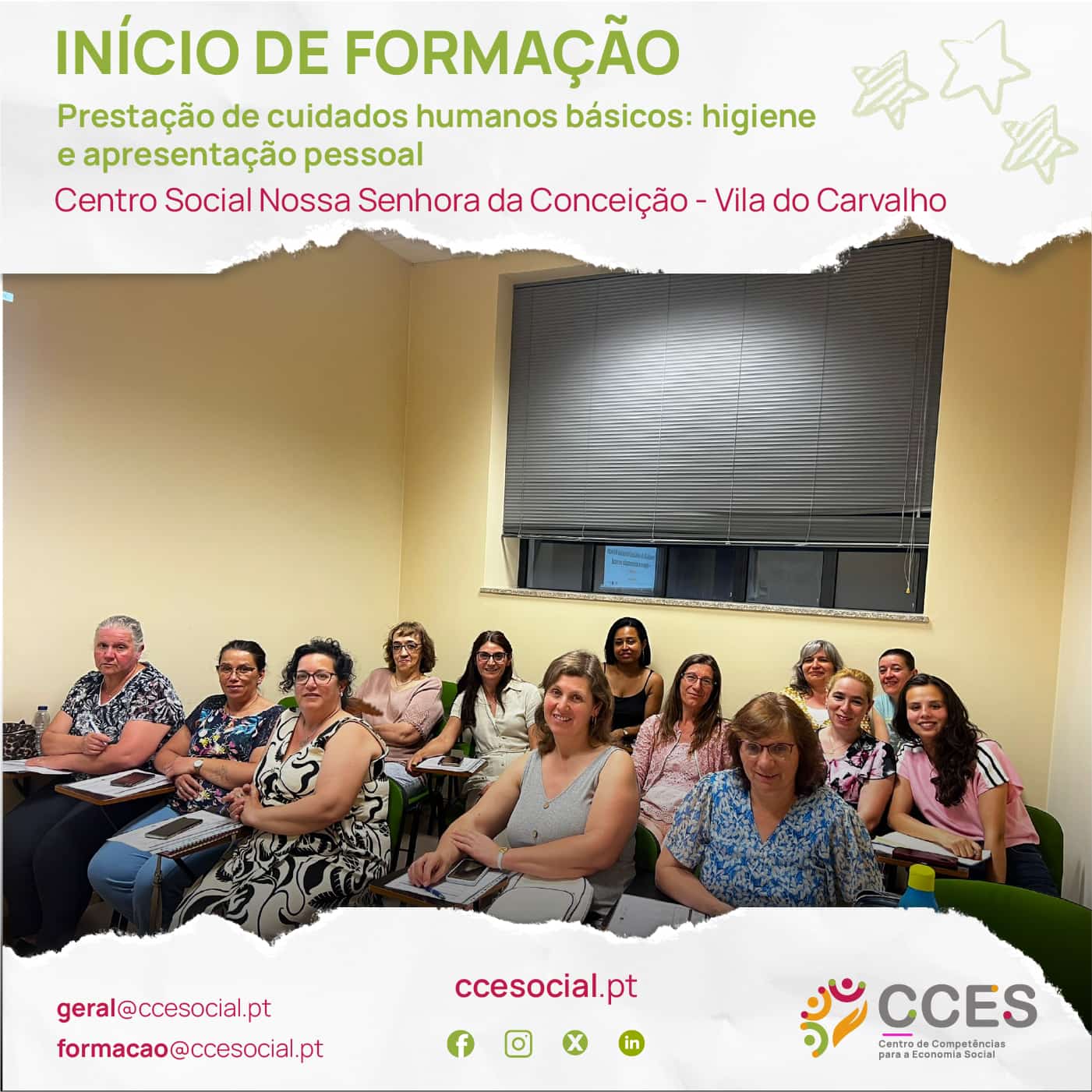 INÍCIO DE FORMAÇÃO – Prestação de cuidados humanos básicos: higiene e apresentação pessoal – Centro Social Nossa Senhora da Conceição – Vila do Carvalho